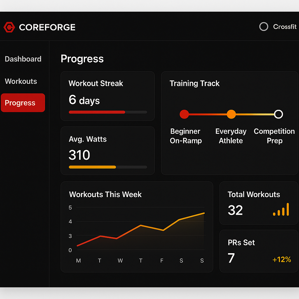 CoreForge training platform dashboard showing progress tracking and training tracks