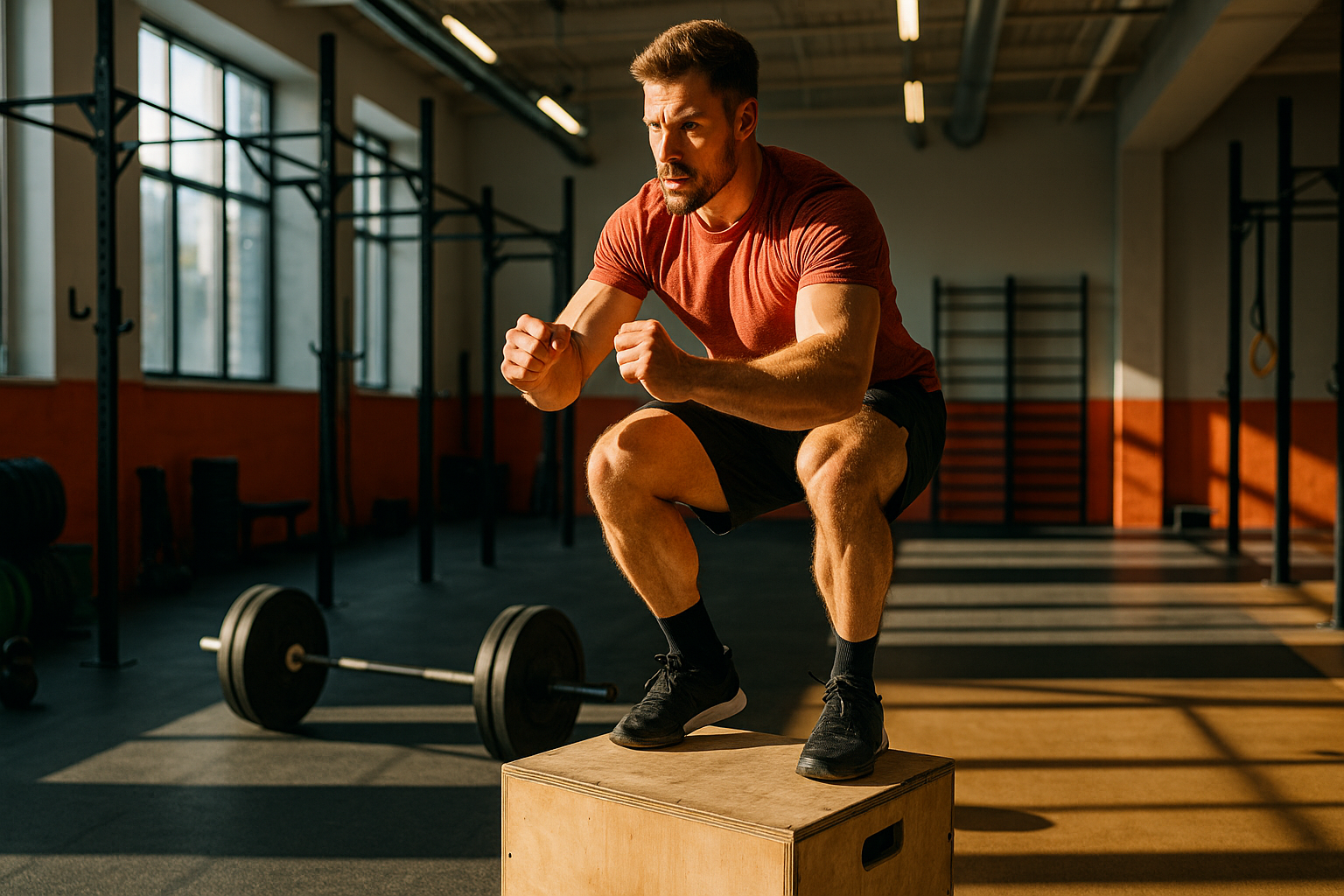 CrossFit athlete performing workout at gym, CoreForge training platform